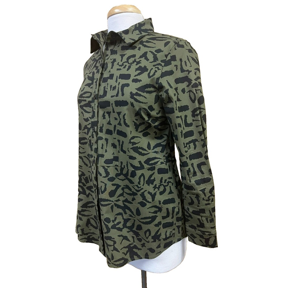 Comfy USA Peplum Button Up Shirt Green Black Print Light Stretch Long Sleeves XS